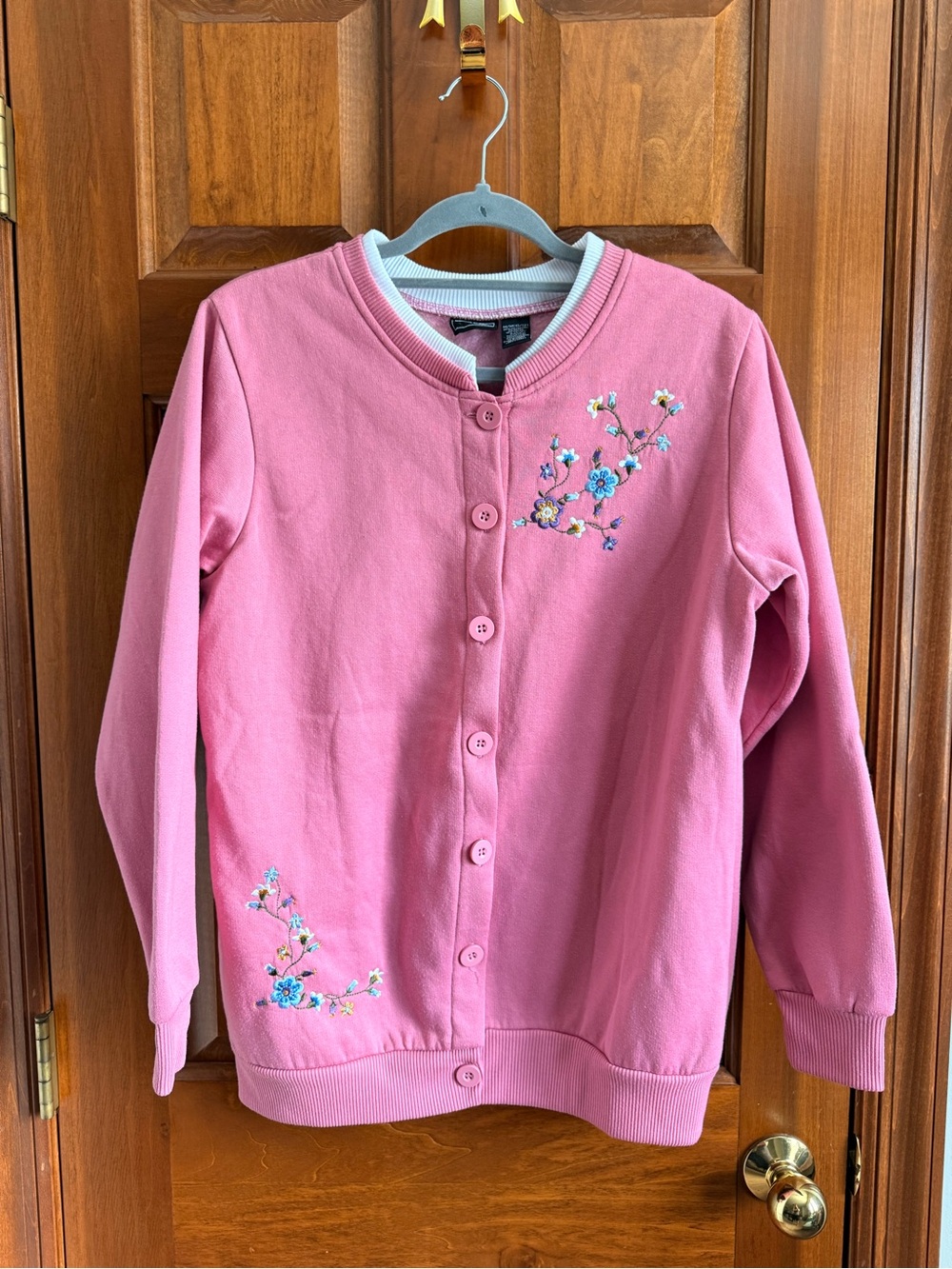 Bobbie Brooks Pink Button-Up Sweatshirt with Blue & Yellow Floral Embroidery